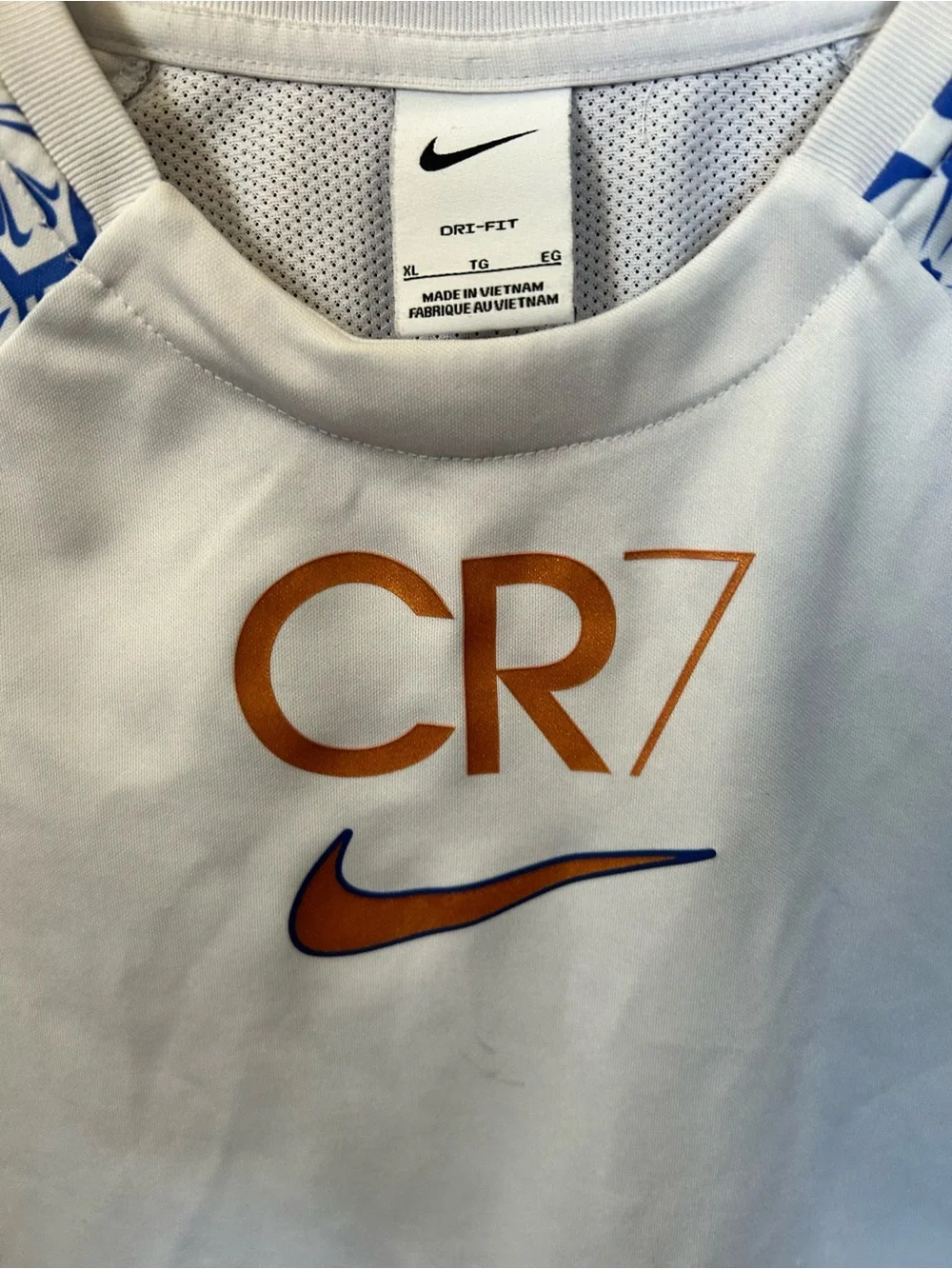 Nike White Short-Sleeve CR7 Shirt with Blue Patterned Sleeves